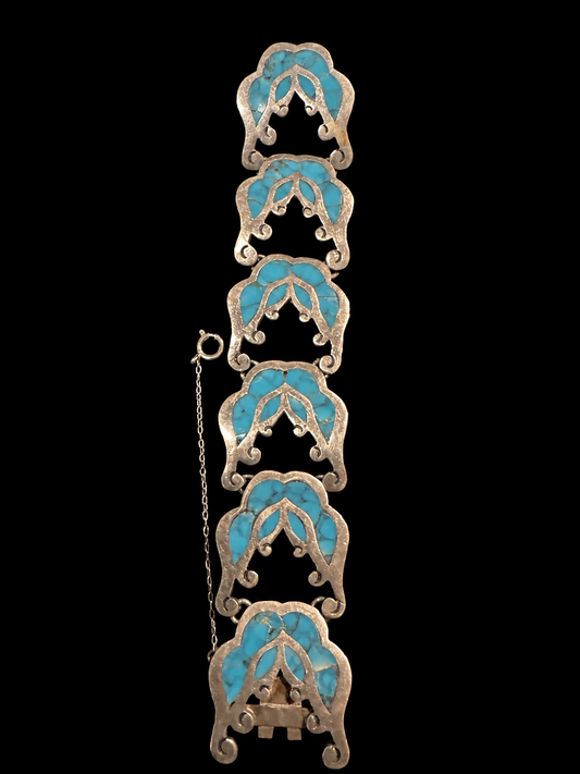 Vintage Sterling Silver Turquoise Mosaic Panel Bracelet 6.25”