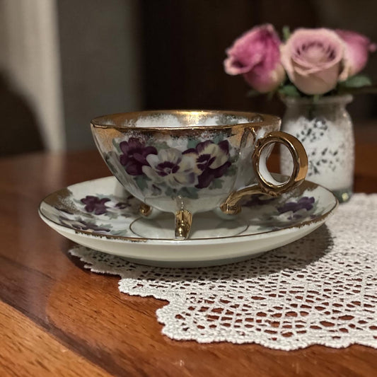 Vintage China Teacup and Saucer Violets Pattern