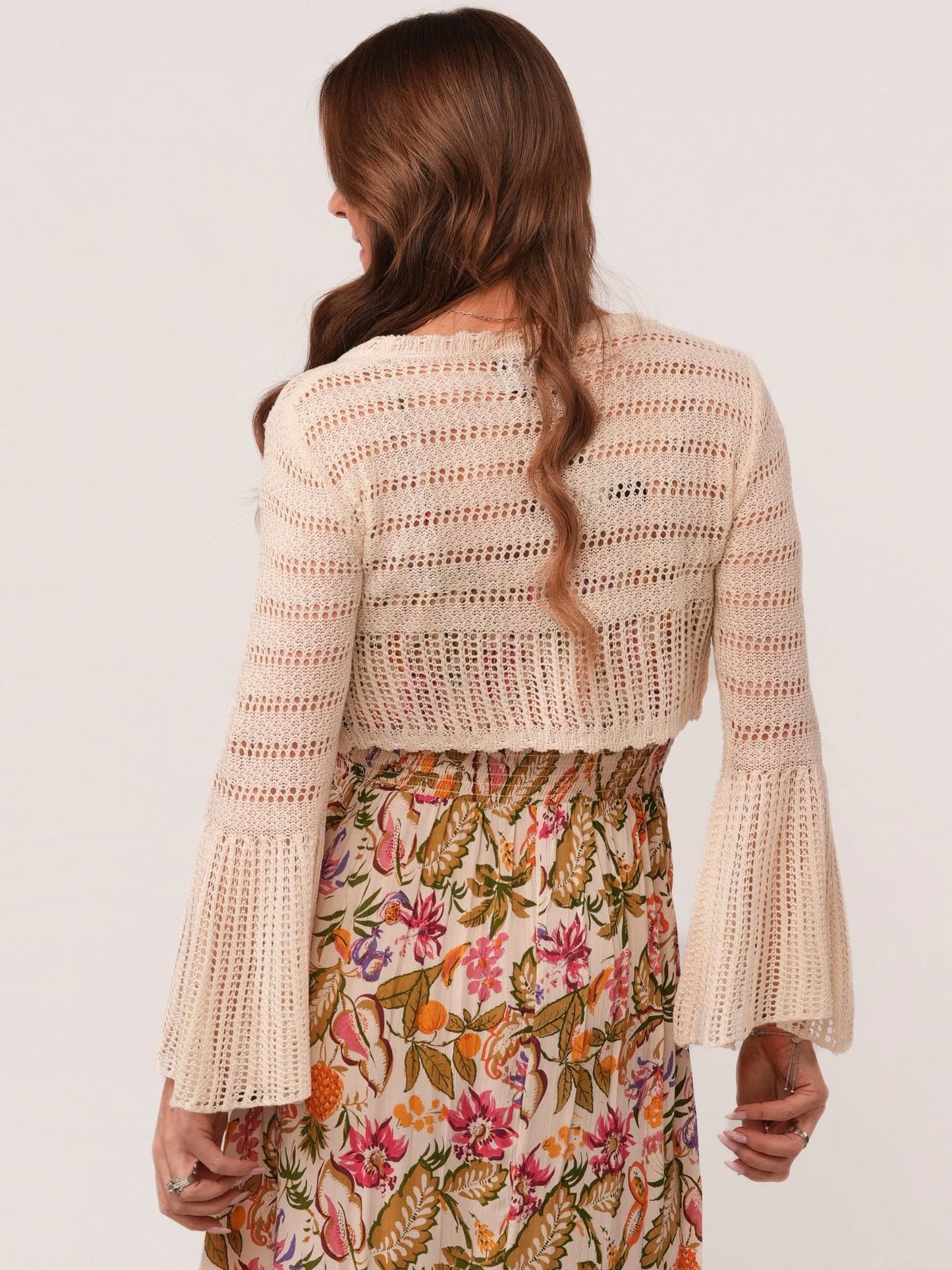 Ivory Bell Sleeve Tie Front Cropped Cardigan