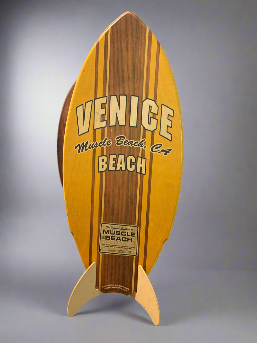 Vintage Venice Muscle Beach California novelty wooded surfboard.
