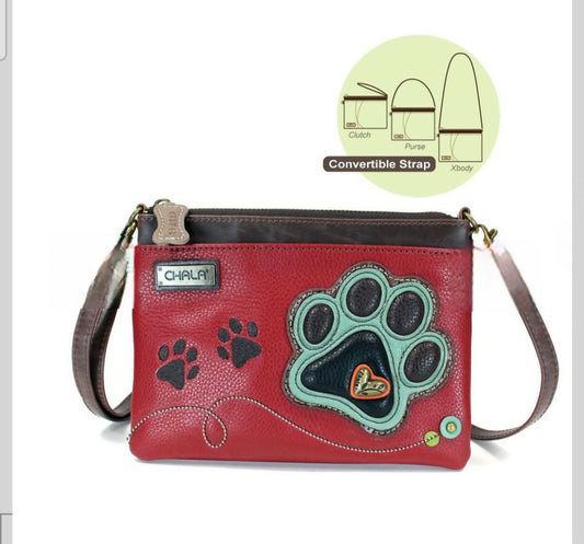 Anytime Crystals Chala Handbag Mini Crossbody - Teal Paw Print (Burgundy)
