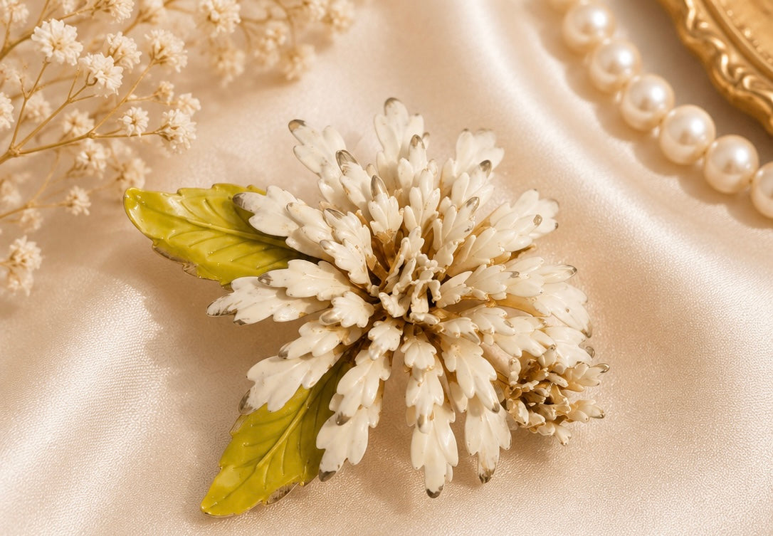 Vintage White Enamel Chrysanthemum Brooch | Mid-Century Floral Pin | Circa 1955–1970