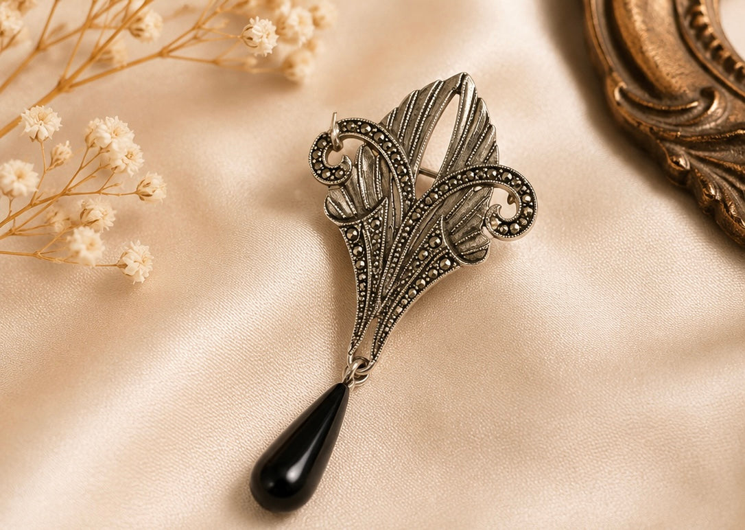 Vintage Art Deco Revival Black Teardrop Dangle Brooch | Silver Tone Floral Statement Pin | Circa 1980–1995