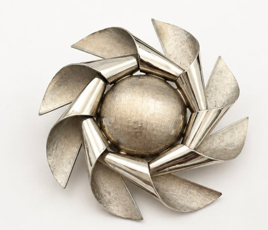 Vintage Silver Tone Modernist Flower Brooch | Mid-Century Sculptural Floral Pin