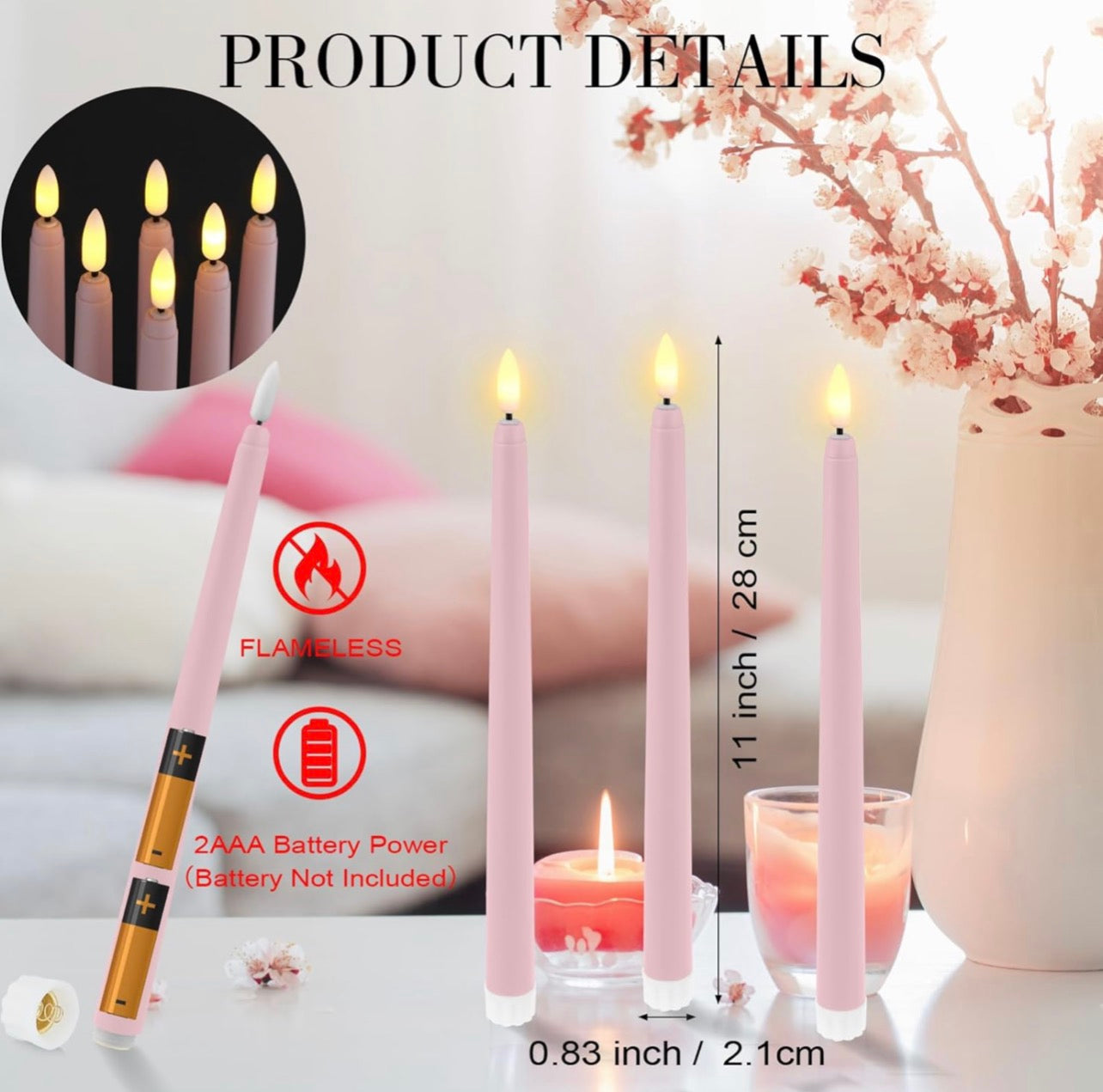 Flameless Taper Candle (Single -Pink)