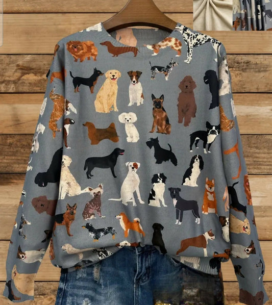 Anytime Crystals Gray Dog Breeds Print Long Sleeve Sweater