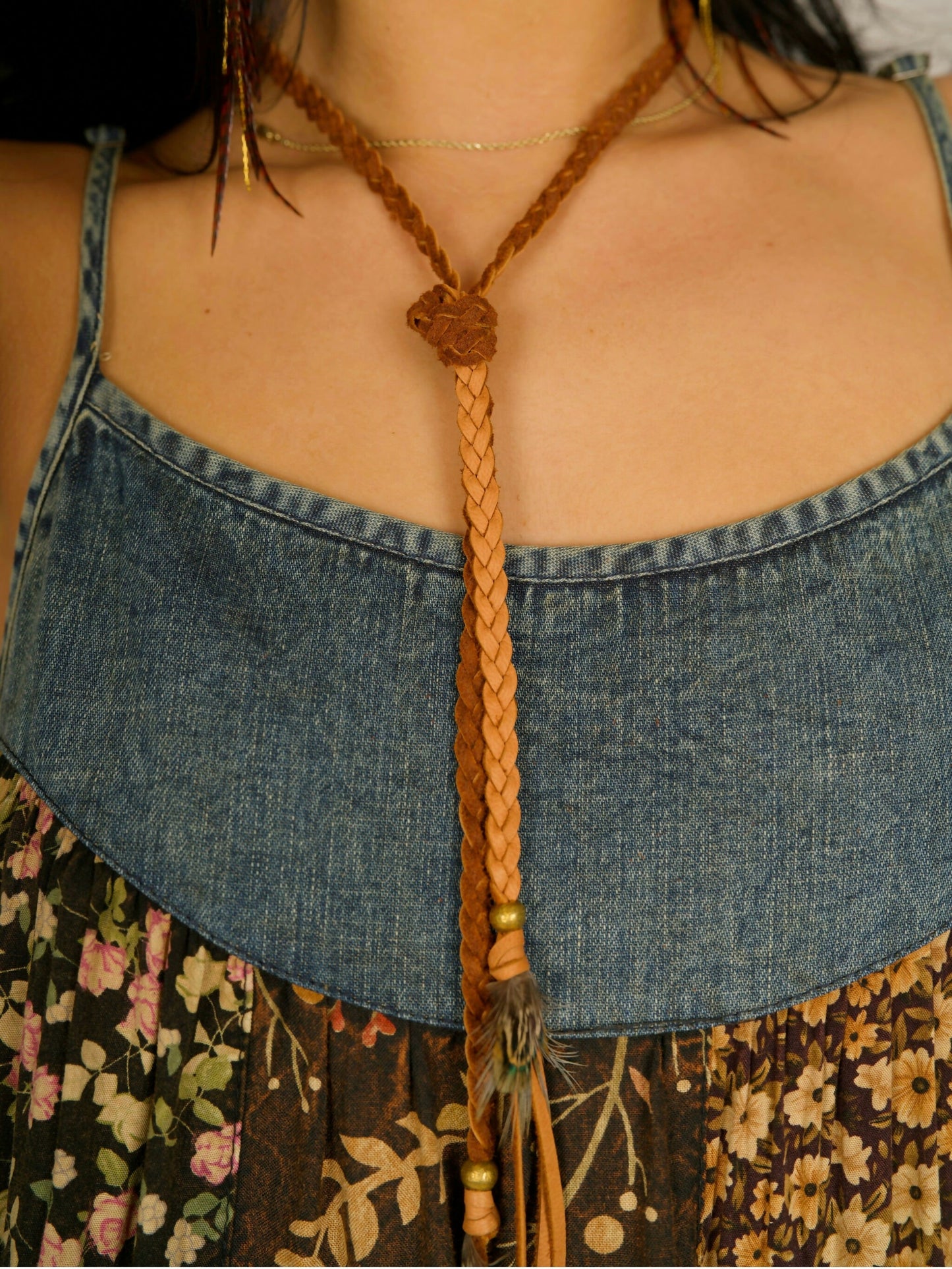 Versatile Rust Braided Deerskin Leather Necklace with Pheasant Feathers
