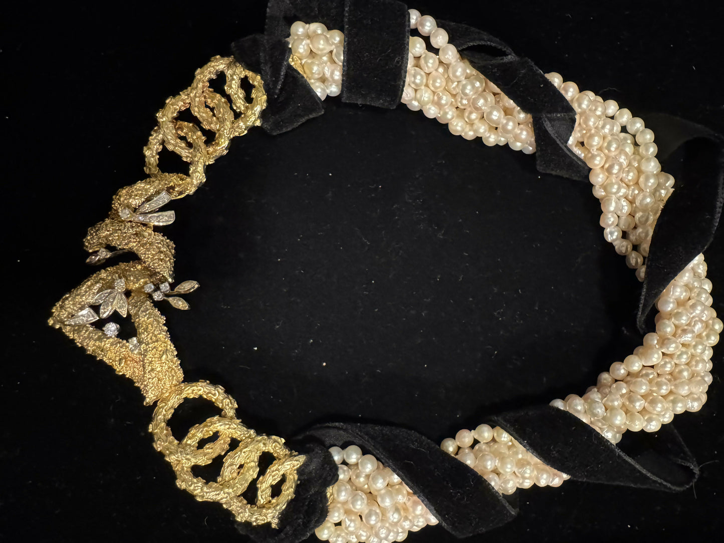 Vintage 14K Gold, Diamond & Nine-Strand Baroque Pearl Couture Necklace Runway