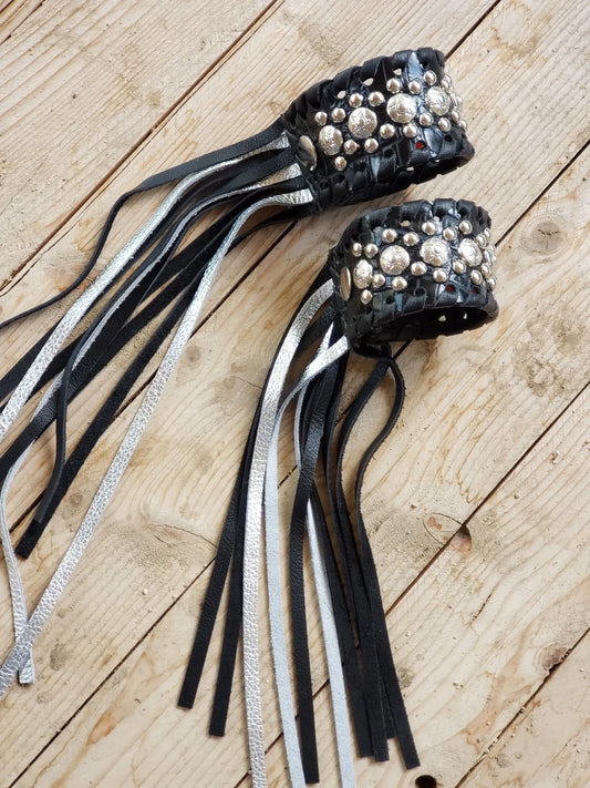 Single Silver Studded Leather Fringe Cuff Bracelet