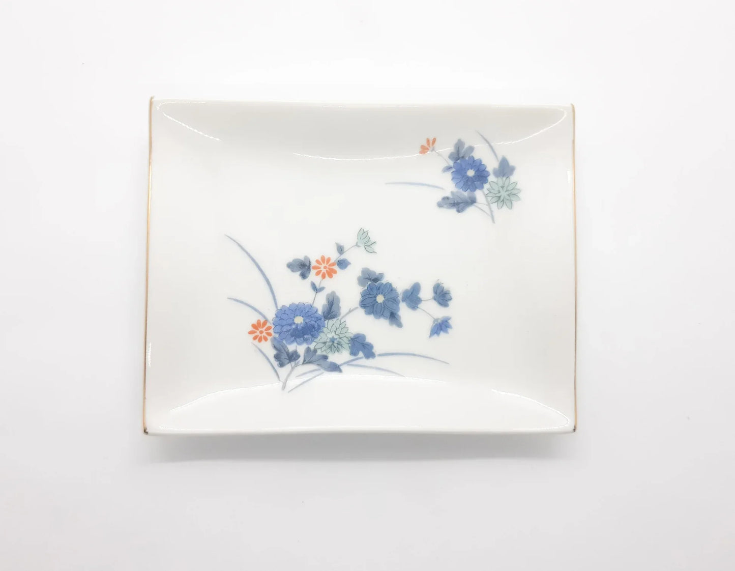 OMC Japan Blue and White Floral Trinket Plate with Gold Gilded Rim