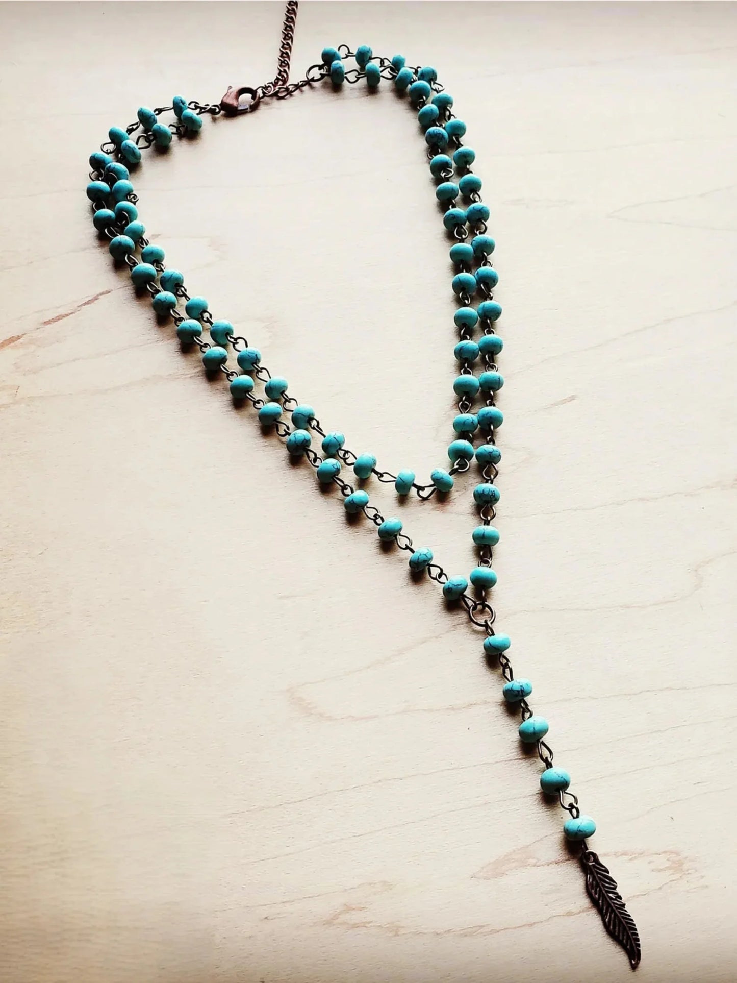 Double Strand Lariat Blue Turquoise Necklace w/ Copper Feather