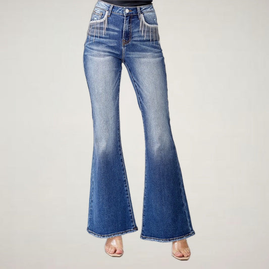 Risen High Rise Rhinestone Flare Jeans