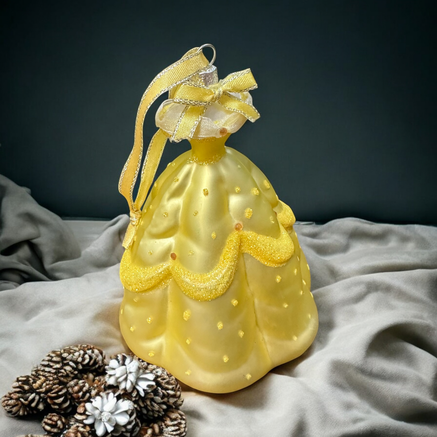 Disney blown glass Belle Princess Dress Yellow Ornament 6"