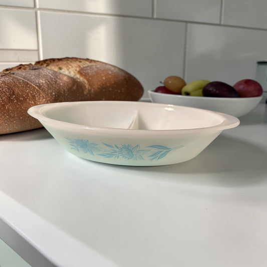 Vintage Glasbake blue thistle divided dish