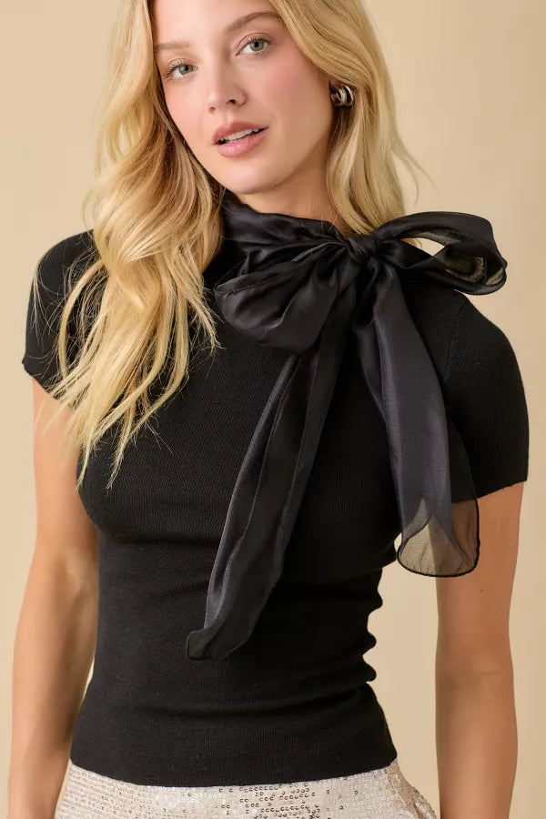 Black Bow Tie Sweater Top