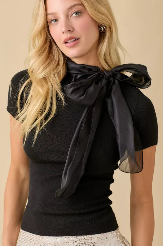 Black Bow Tie Sweater Top