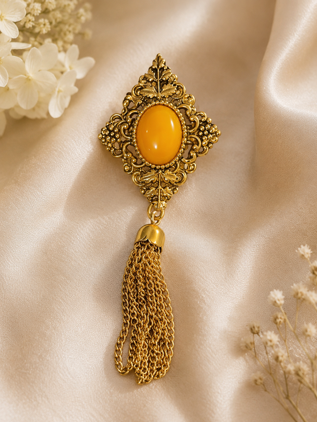Vintage Gold Tone Victorian Revival Tassel Brooch | Amber Cabochon Statement Pin