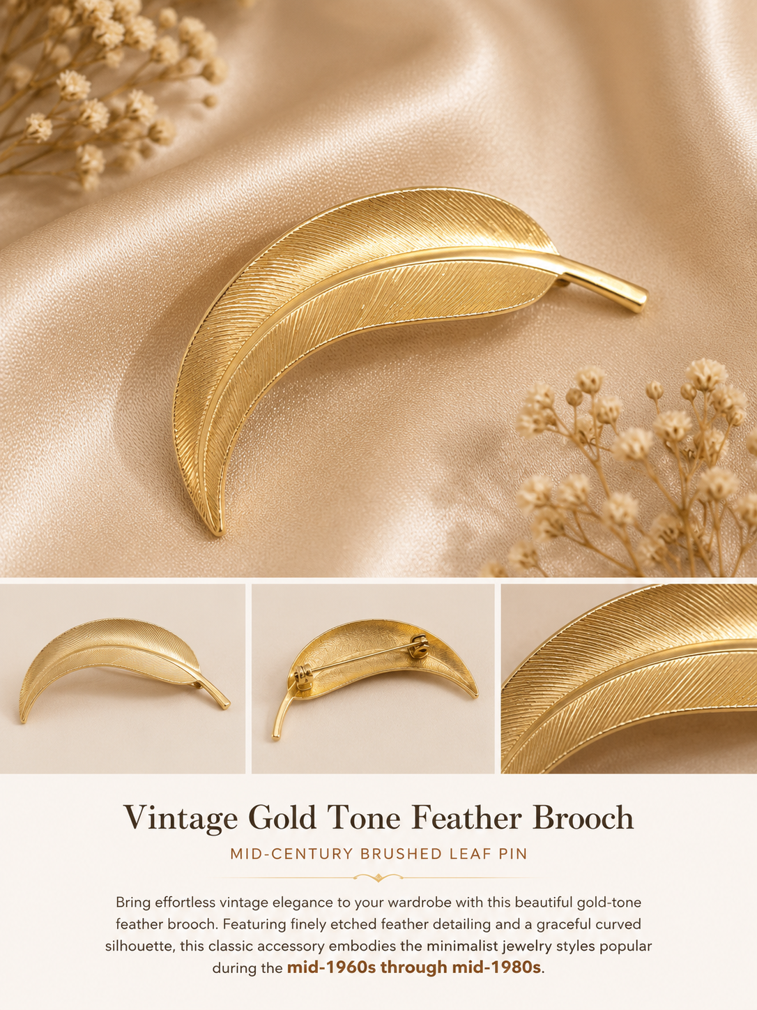 Vintage Gold Tone Feather Brooch | Mid-Century Brushed Leaf Pin