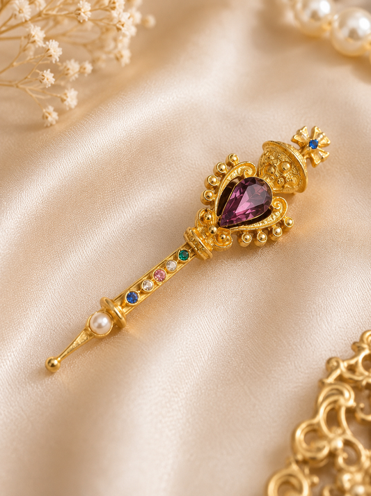 Vintage Victorian Revival Gold Tone Scepter Brooch | Faux Amethyst & Pearl Fantasy Pin