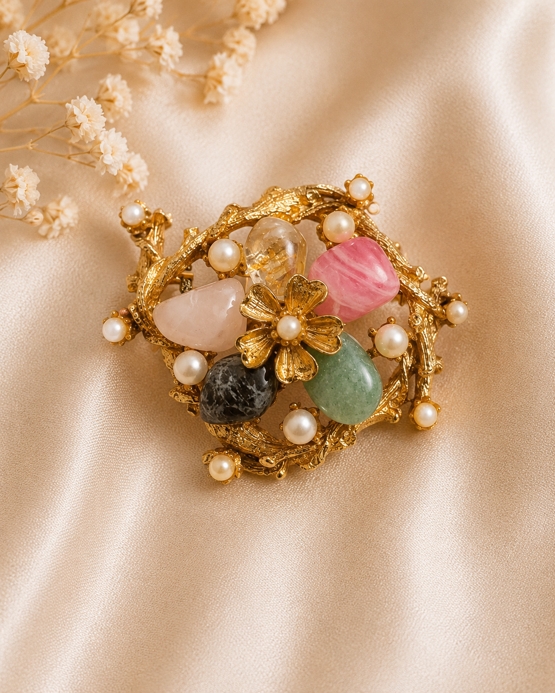 Vintage Gold Tone Floral Cluster Brooch | Faux Gemstone & Faux Pearl Botanical Pin