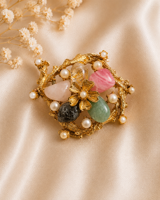 Vintage Gold Tone Floral Cluster Brooch | Faux Gemstone & Faux Pearl Botanical Pin