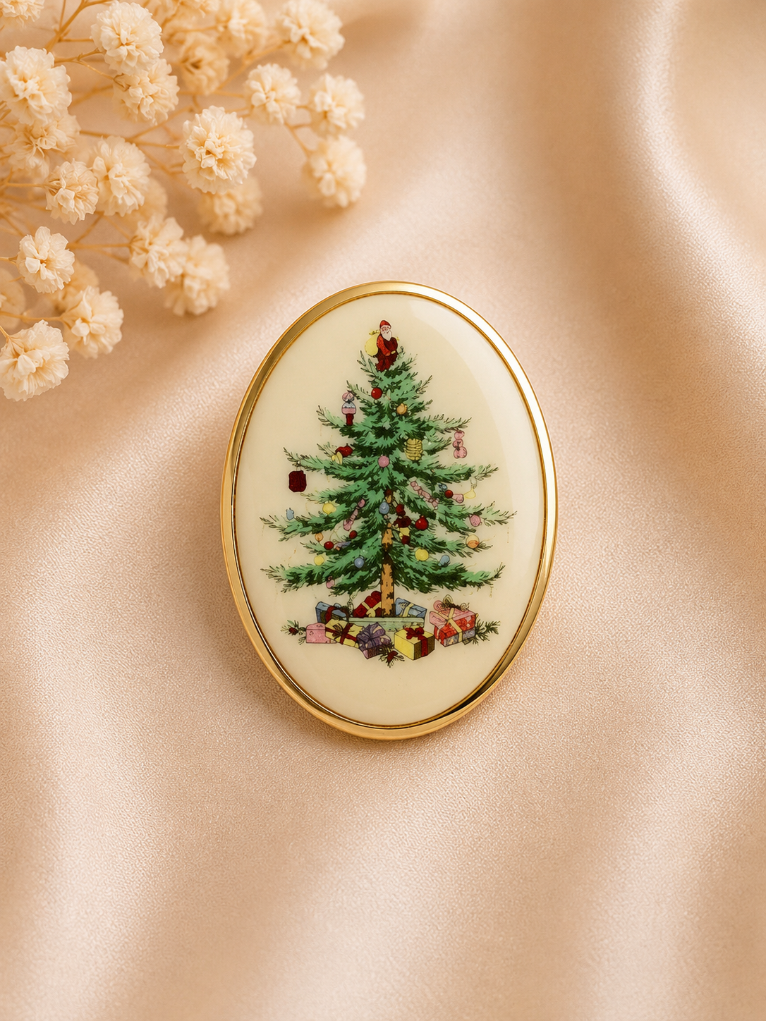 Vintage Spode Christmas Tree Brooch | Official Spode Holiday Collectible Pin | Gold Tone