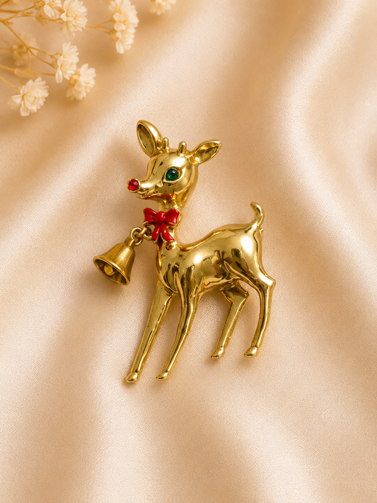 Vintage Gold Tone Rudolph Reindeer Brooch with Bell & Red Bow | Christmas Holiday Pin