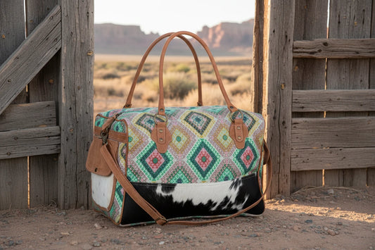 Boho Chic Upcycled Canvas and Cowhide Leather Duffle Bag