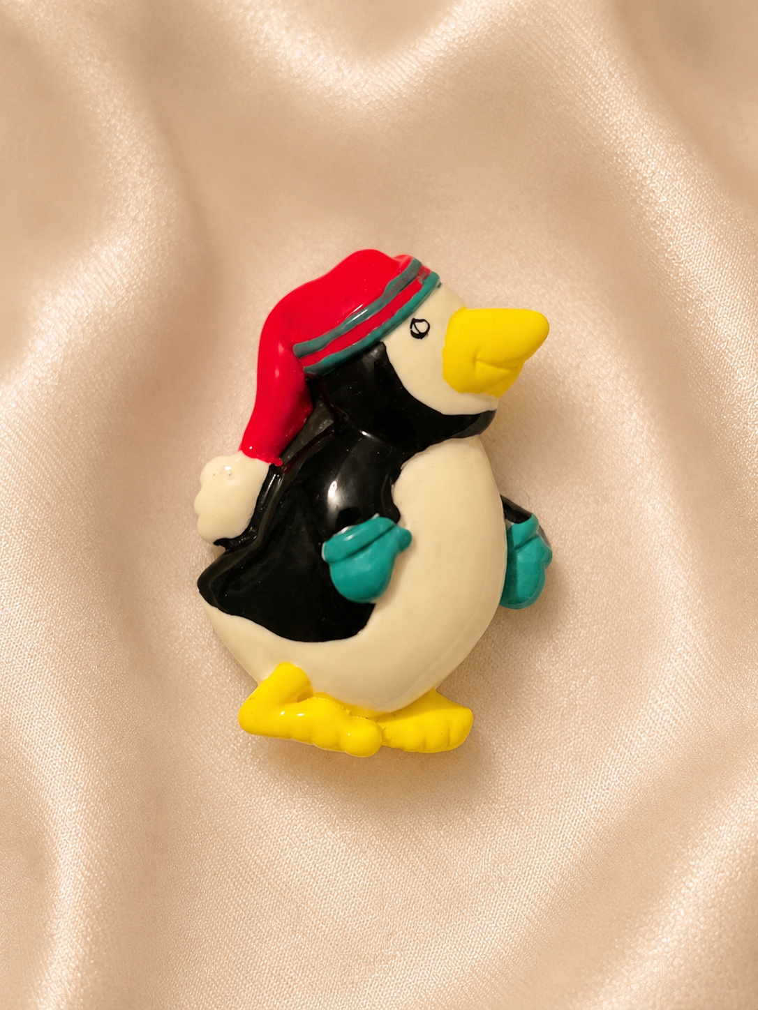 Vintage Christmas Penguin Brooch with Santa Hat & Mittens | Whimsical Holiday Plastic Pin
