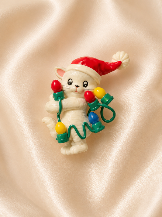 Vintage Christmas Kitten with Holiday Lights Brooch – Whimsical Santa Cat Figural Pin