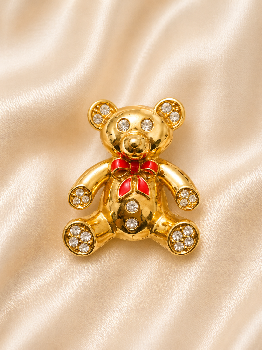 Vintage Monet Teddy Bear Brooch – Gold Tone Rhinestone & Red Enamel Bear Pin