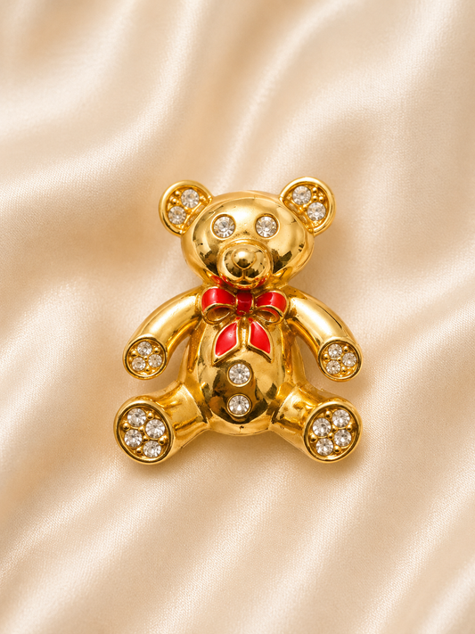 Vintage Monet Teddy Bear Brooch – Gold Tone Rhinestone & Red Enamel Bear Pin