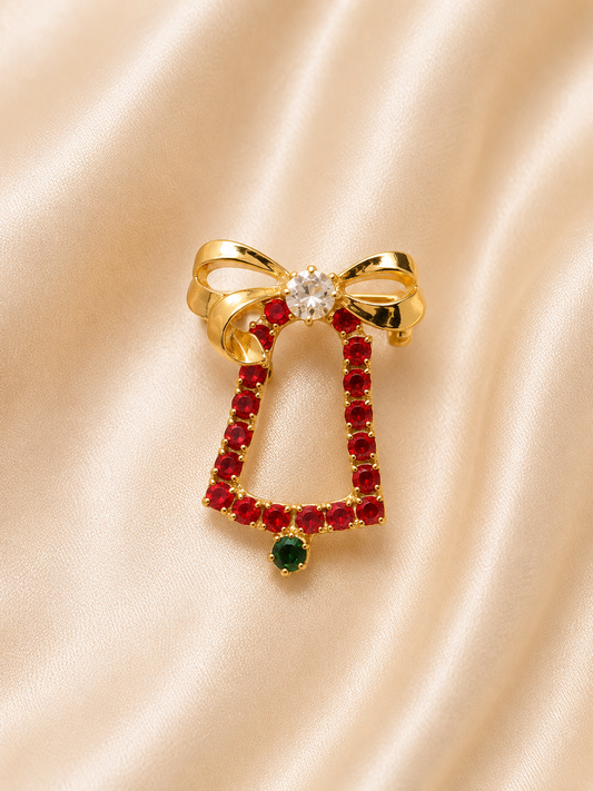Vintage Christmas Bell Brooch – Gold Tone Red Rhinestone Holiday Bell Pin