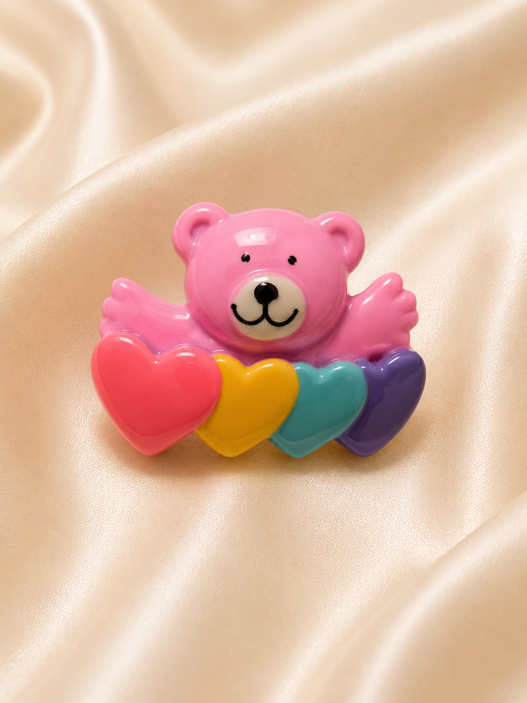 Vintage Pink Teddy Bear with Rainbow Hearts Enamel Brooch Pin