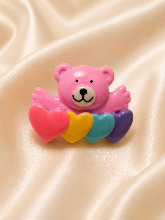 Vintage Pink Teddy Bear with Rainbow Hearts Enamel Brooch Pin