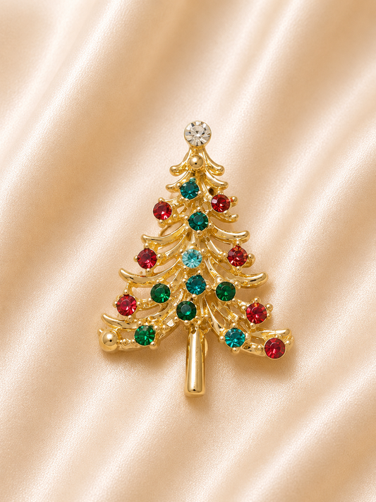 Vintage Gold Tone Christmas Tree Brooch – Multicolor Rhinestone Holiday Pin