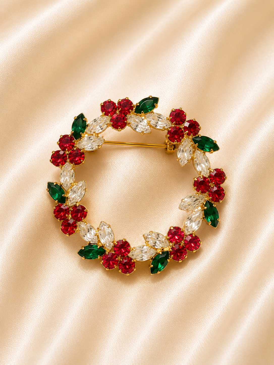 Vintage Christmas Wreath Brooch – Red, Green & Clear Rhinestone Gold Tone Holiday Pin