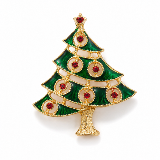 Vintage Green Enamel Christmas Tree Brooch – Gold Tone with Red Rhinestone Ornaments