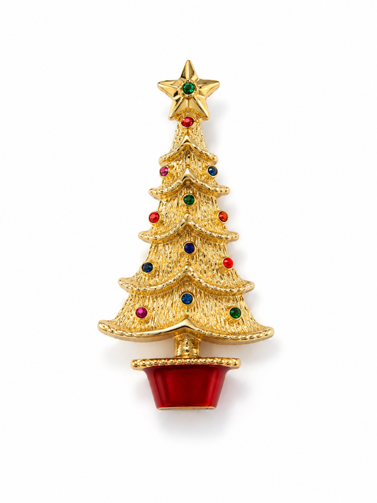 Vintage Gold Tone Christmas Tree Brooch with Red Enamel Pot & Multicolor Ornaments