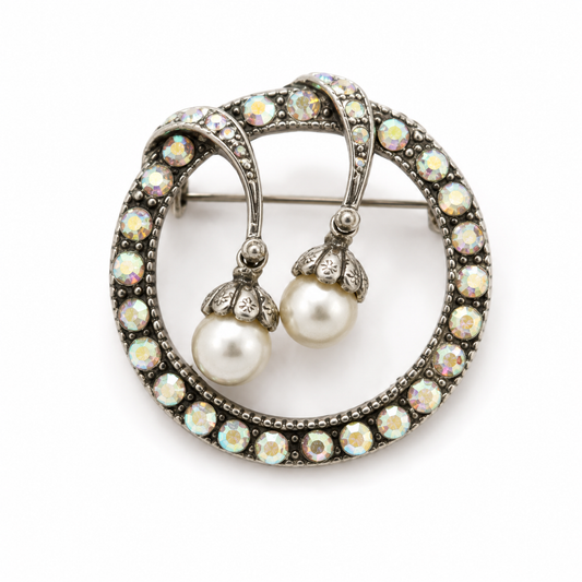 Vintage Aurora Borealis Rhinestone Christmas Wreath Brooch with Faux Pearl Ornaments