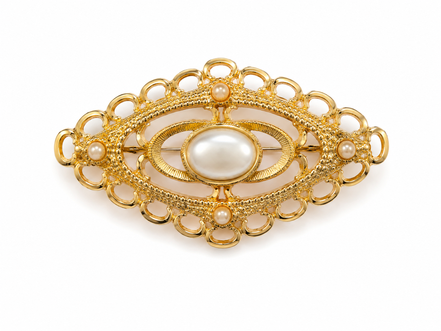 Vintage Gold Tone Faux Pearl Filigree Brooch – Victorian Style Openwork Pin