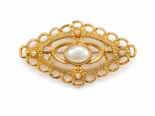 Vintage Gold Tone Faux Pearl Filigree Brooch – Victorian Style Openwork Pin
