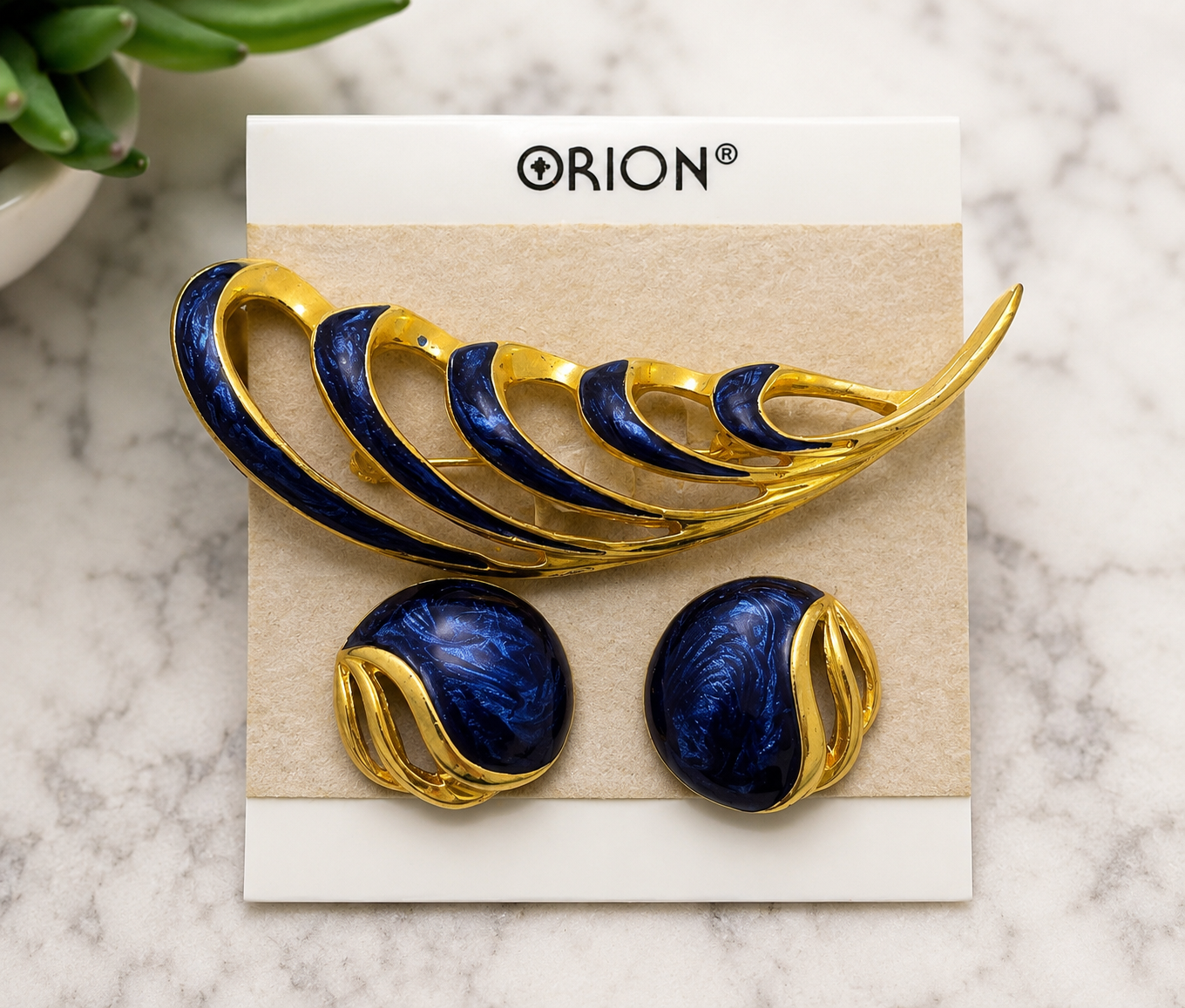 Vintage Orion Navy Blue Enamel Brooch & Earrings Set – Gold Tone Matching Jewelry