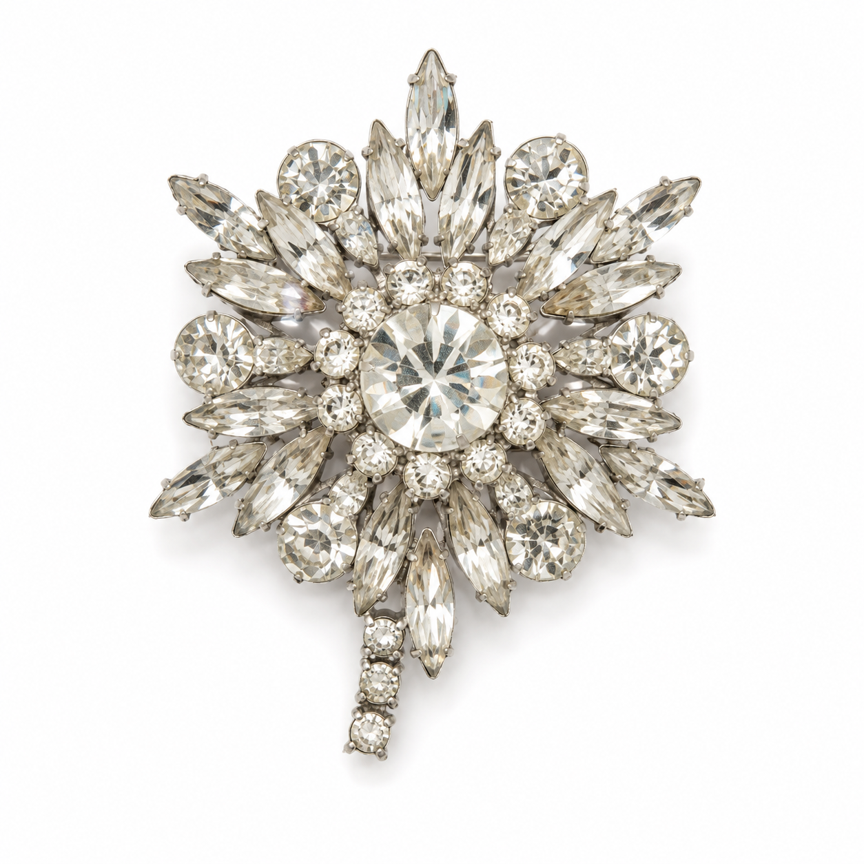 Vintage Clear Rhinestone Starburst Brooch – Mid-Century Crystal Floral Pin