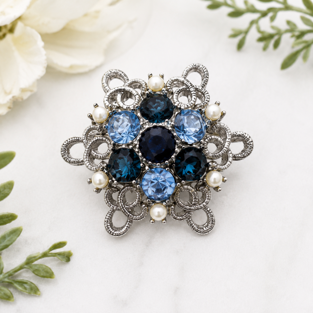 Vintage Silver Tone Blue Rhinestone & Faux Pearl Filigree Floral Brooch Pin