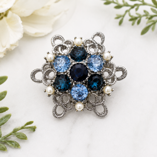 Vintage Silver Tone Blue Rhinestone & Faux Pearl Filigree Floral Brooch Pin