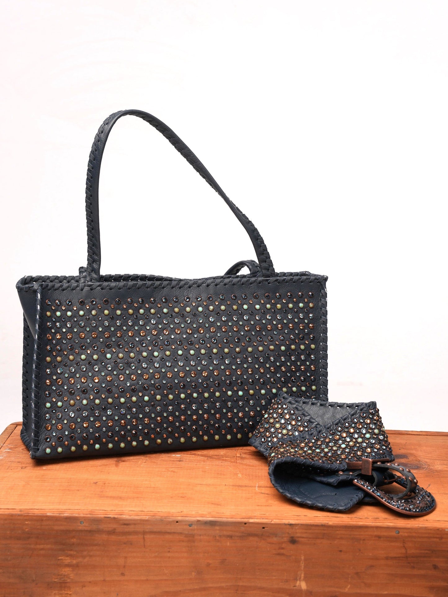Kurtmen Navy Crystal Stud Tote Bag