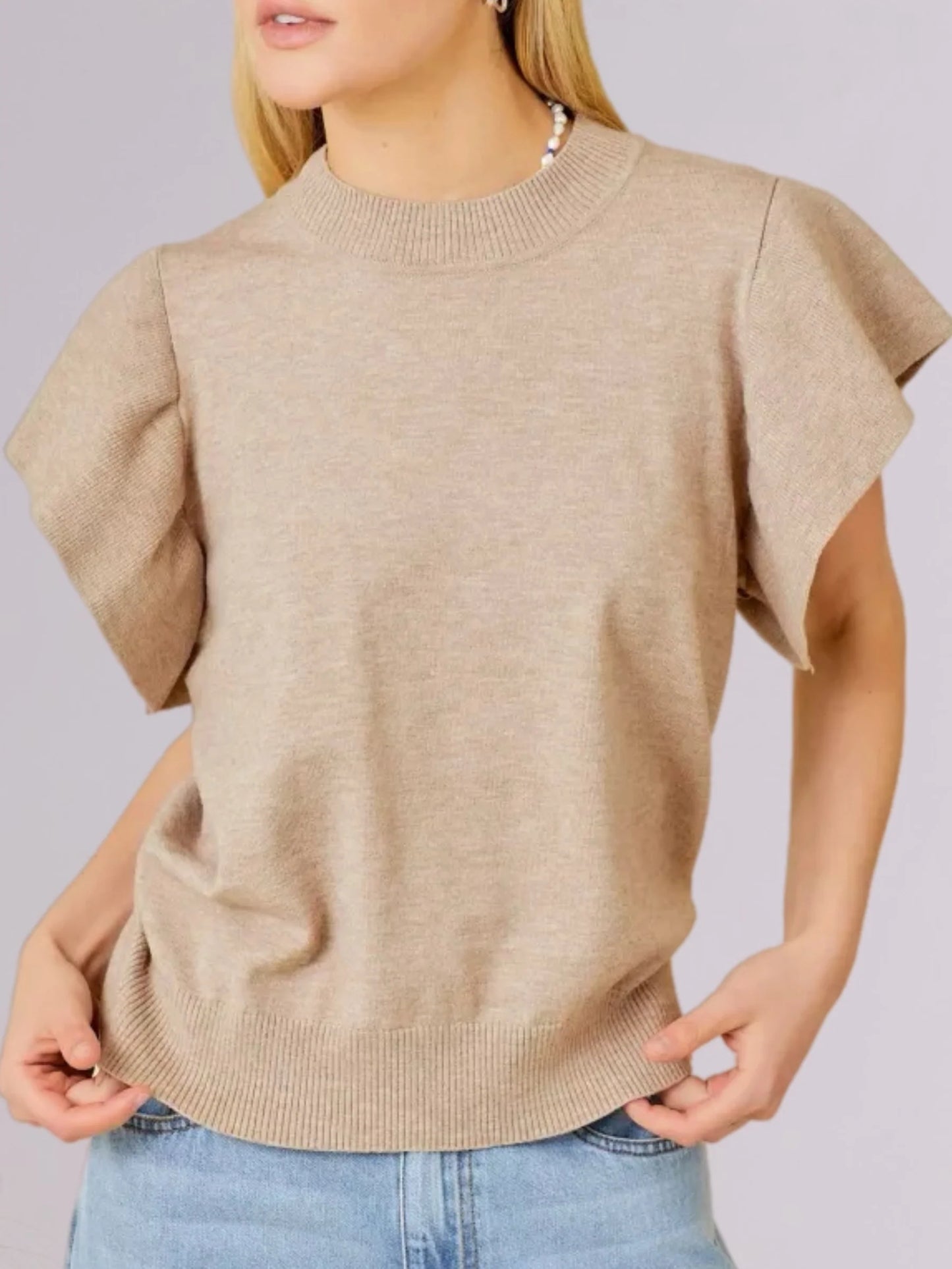 Scarlet Short Sleeve Ruffle Sweater -Taupe