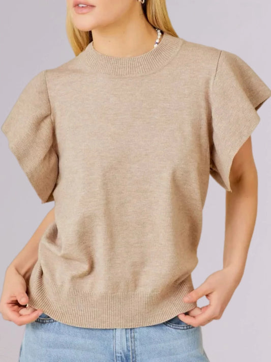 Scarlet Short Sleeve Ruffle Sweater -Taupe