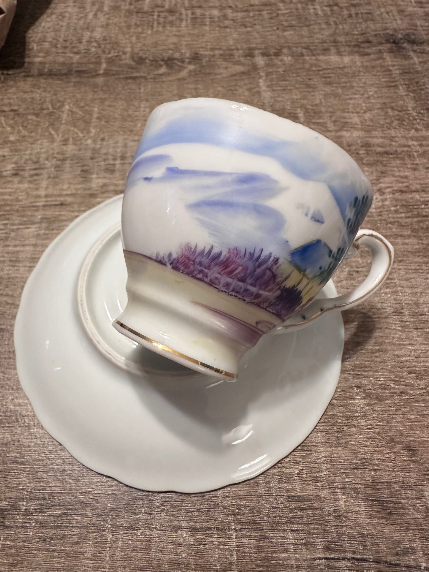 Vintage Ucagco Japan Hand painted LandscapeDemitasse Teacup Saucer W/ Gold Trim